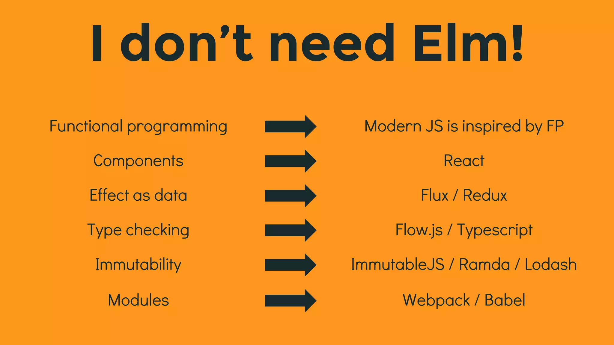 I don’t need Elm!
Functional programming Modern JS is inspired by FP
Components React
Effect as data Flux / Redux
Type checking Flow.js / Typescript
Immutability ImmutableJS / Ramda / Lodash
Modules Webpack / Babel
 