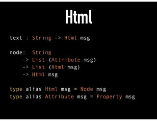 Html
text : String -> Html msg 
node: String 
-> List (Attribute msg) 
-> List (Html msg) 
-> Html msg 
type alias Html msg = Node msg 
type alias Attribute msg = Property msg
 