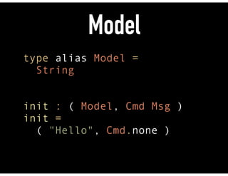 Model
type alias Model = 
String 
 
 
init : ( Model, Cmd Msg ) 
init = 
( "Hello", Cmd.none )
 