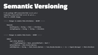 Semantic Versioning
$ elm package diff evancz/elm-html 3.0.0 4.0.2
Comparing evancz/elm-html 3.0.0 to 4.0.2...
This is a MAJOR change.
------ Changes to module Html.Attributes - MAJOR ------
Removed:
boolProperty : String -> Bool -> Attribute
stringProperty : String -> String -> Attribute
------ Changes to module Html.Events - MINOR ------
Added:
type alias Options =
{ stopPropagation : Bool, preventDefault : Bool }
defaultOptions : Html.Events.Options
onWithOptions : String -> Html.Events.Options -> Json.Decode.Decoder a -> (a -> Signal.Message) -> Html.Attribute
 
