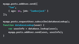 myapp.ports.addUser.send([
"Tom",
{ age: 32, job: "lumberjack" }
]);
myapp.ports.requestUser.subscribe(databaseLookup);
function databaseLookup(user) {
var userInfo = database.lookup(user);
myapp.ports.addUser.send(user, userInfo);
}
 