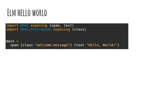 Elmhelloworld
import Html exposing (span, text)
import Html.Attributes exposing (class)
main =
span [class "welcome-message"] [text "Hello, World!"]
 