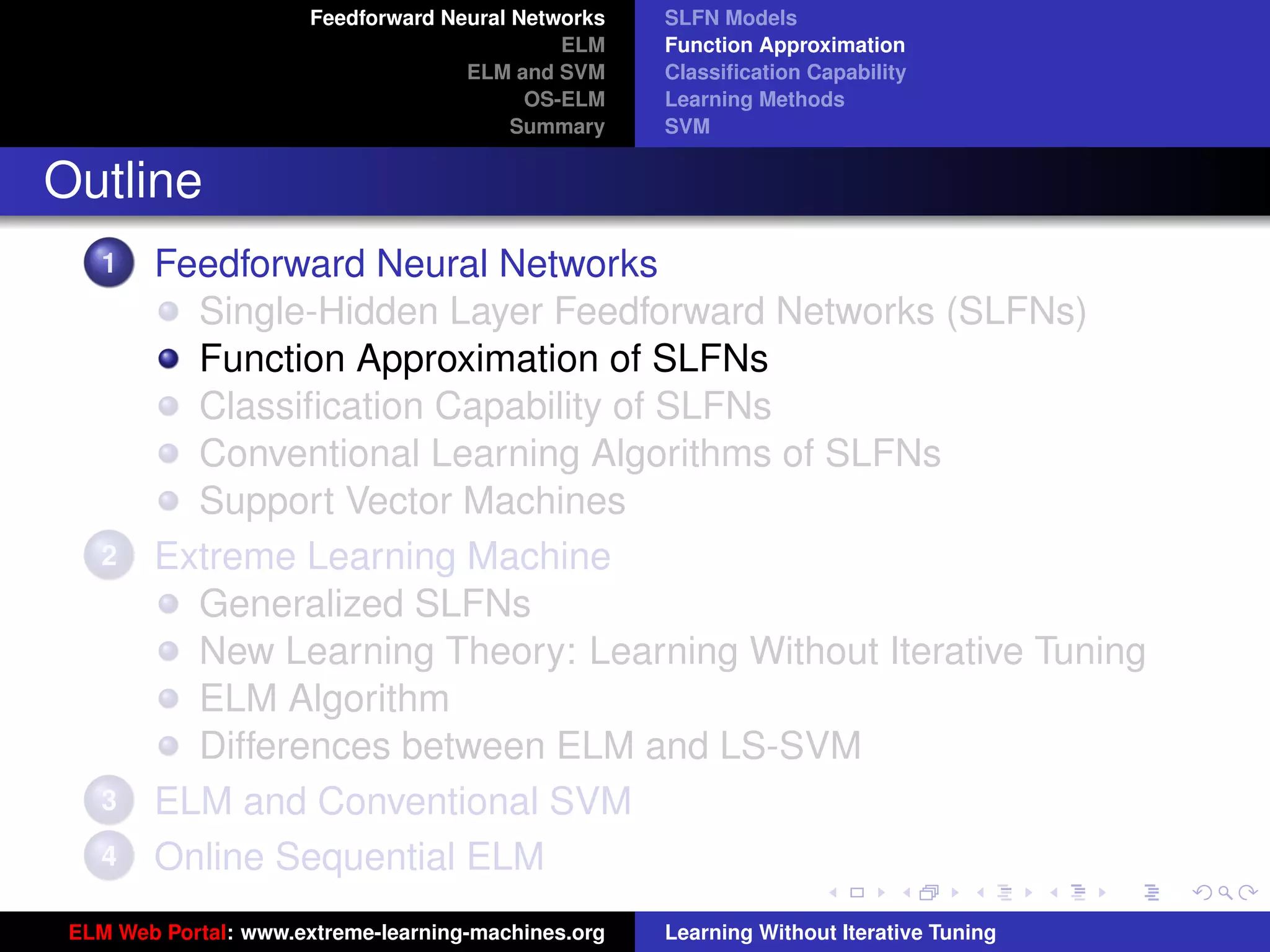 Feedforward Neural Networks   SLFN Models
                                              ELM    Function Approximation
                                     ELM and SVM     Classiﬁcation Capability
                                           OS-ELM    Learning Methods
                                          Summary    SVM


Outline
    1   Feedforward Neural Networks
          Single-Hidden Layer Feedforward Networks (SLFNs)
          Function Approximation of SLFNs
          Classiﬁcation Capability of SLFNs
          Conventional Learning Algorithms of SLFNs
          Support Vector Machines
    2   Extreme Learning Machine
          Generalized SLFNs
          New Learning Theory: Learning Without Iterative Tuning
          ELM Algorithm                                                                   tu-logo
          Differences between ELM and LS-SVM
    3   ELM and Conventional SVM                                                         ur-logo
    4   Online Sequential ELM
 ELM Web Portal: www.extreme-learning-machines.org   Learning Without Iterative Tuning
 