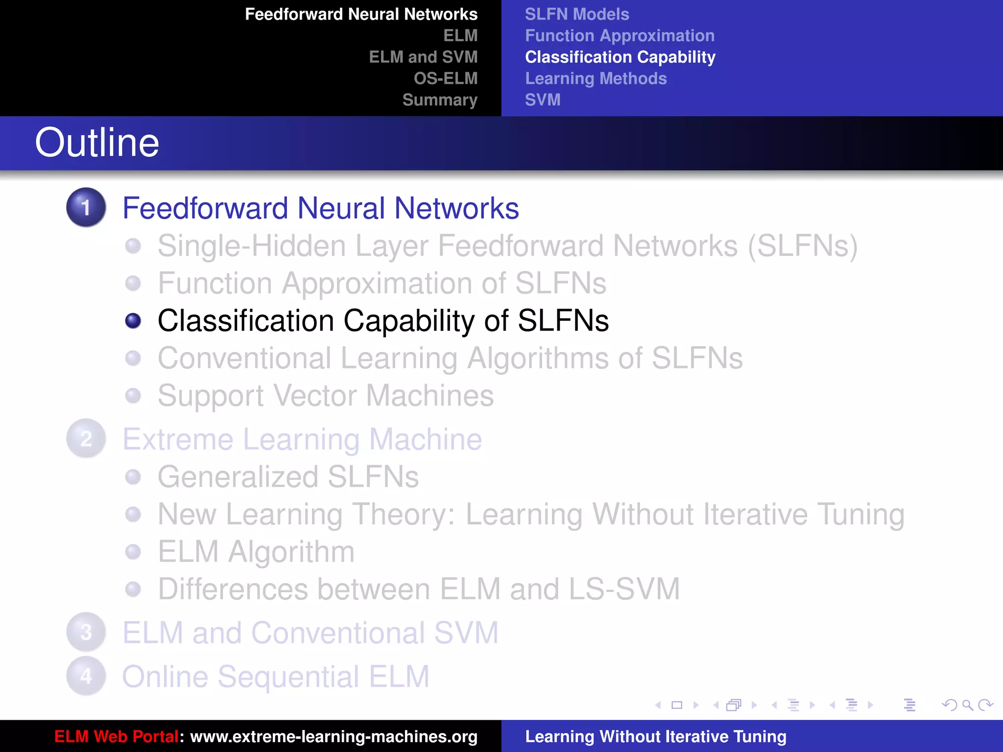 Feedforward Neural Networks   SLFN Models
                                              ELM    Function Approximation
                                     ELM and SVM     Classiﬁcation Capability
                                           OS-ELM    Learning Methods
                                          Summary    SVM


Outline
    1   Feedforward Neural Networks
          Single-Hidden Layer Feedforward Networks (SLFNs)
          Function Approximation of SLFNs
          Classiﬁcation Capability of SLFNs
          Conventional Learning Algorithms of SLFNs
          Support Vector Machines
    2   Extreme Learning Machine
          Generalized SLFNs
          New Learning Theory: Learning Without Iterative Tuning
          ELM Algorithm                                                                   tu-logo
          Differences between ELM and LS-SVM
    3   ELM and Conventional SVM                                                         ur-logo
    4   Online Sequential ELM
 ELM Web Portal: www.extreme-learning-machines.org   Learning Without Iterative Tuning
 