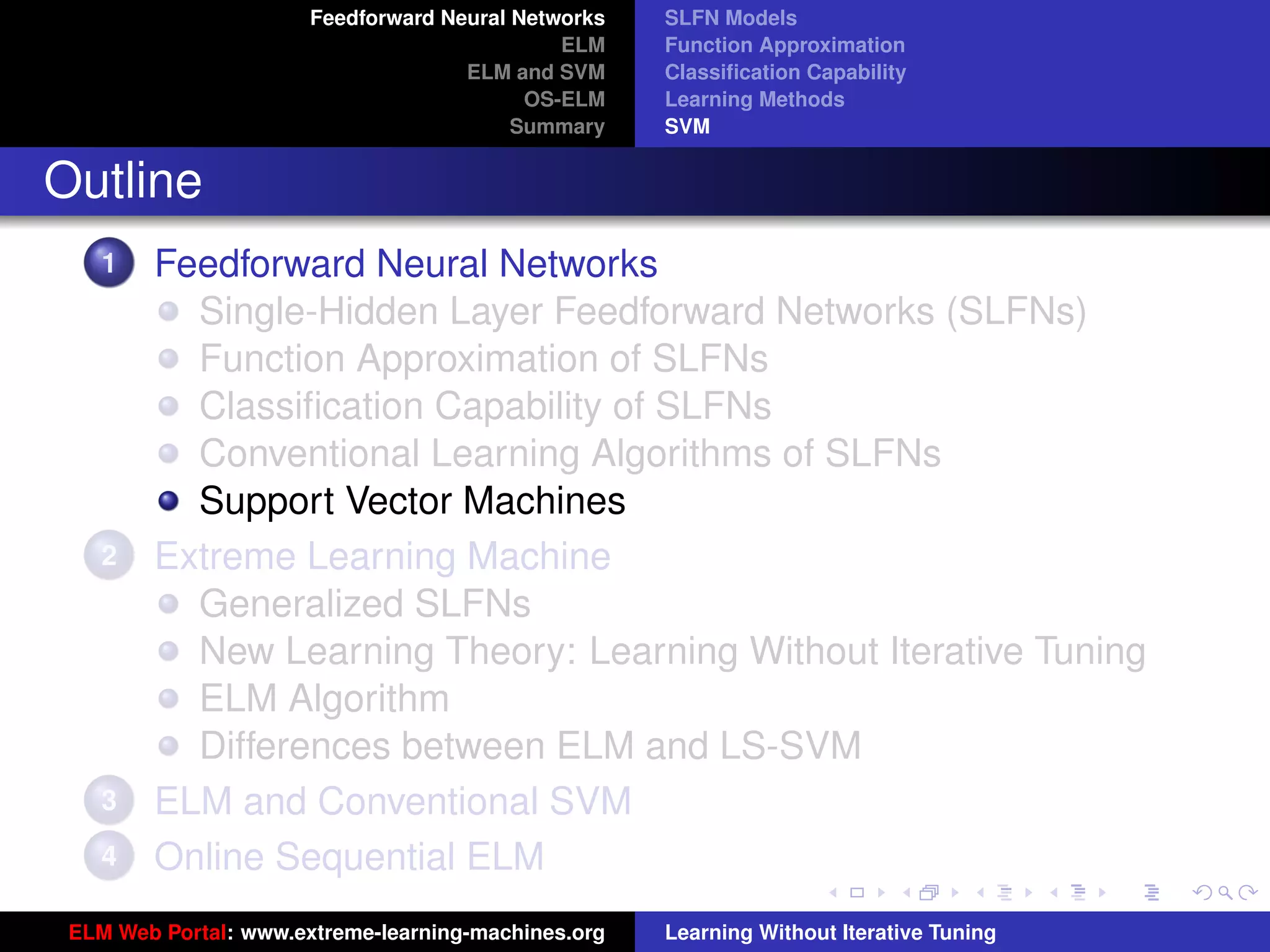 Feedforward Neural Networks   SLFN Models
                                              ELM    Function Approximation
                                     ELM and SVM     Classiﬁcation Capability
                                           OS-ELM    Learning Methods
                                          Summary    SVM


Outline
    1   Feedforward Neural Networks
          Single-Hidden Layer Feedforward Networks (SLFNs)
          Function Approximation of SLFNs
          Classiﬁcation Capability of SLFNs
          Conventional Learning Algorithms of SLFNs
          Support Vector Machines
    2   Extreme Learning Machine
          Generalized SLFNs
          New Learning Theory: Learning Without Iterative Tuning
          ELM Algorithm                                                                   tu-logo
          Differences between ELM and LS-SVM
    3   ELM and Conventional SVM                                                         ur-logo
    4   Online Sequential ELM
 ELM Web Portal: www.extreme-learning-machines.org   Learning Without Iterative Tuning
 