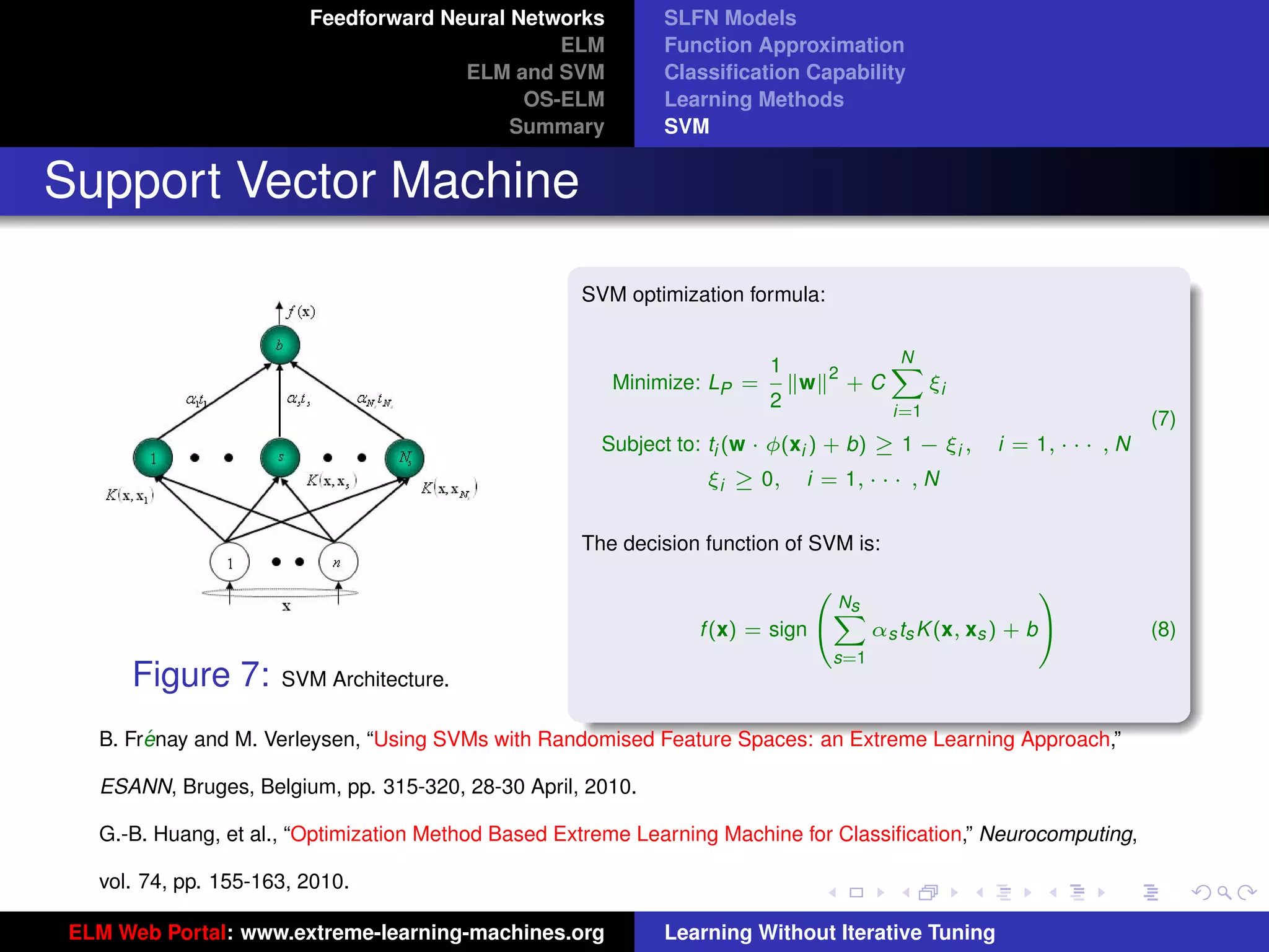 Feedforward Neural Networks          SLFN Models
                                                ELM           Function Approximation
                                       ELM and SVM            Classiﬁcation Capability
                                             OS-ELM           Learning Methods
                                            Summary           SVM


Support Vector Machine

                                                     SVM optimization formula:

                                                                                           N
                                                                          1       2
                                                                                           X
                                                        Minimize: LP =        w       +C         ξi
                                                                          2                i=1                            (7)
                                                       Subject to: ti (w · φ(xi ) + b) ≥ 1 − ξi ,      i = 1, · · · , N
                                                                   ξi ≥ 0,    i = 1, · · · , N


                                                     The decision function of SVM is:

                                                                              0                            1
                                                                                   Ns
                                                                                   X
                                                                  f (x) = sign @         αs ts K (x, xs ) + bA            (8)
                                                                                   s=1
      Figure 7:       SVM Architecture.
                                                                                                                                tu-logo
        ´
   B. Frenay and M. Verleysen, “Using SVMs with Randomised Feature Spaces: an Extreme Learning Approach,”

   ESANN, Bruges, Belgium, pp. 315-320, 28-30 April, 2010.
                                                                                                                            ur-logo
   G.-B. Huang, et al., “Optimization Method Based Extreme Learning Machine for Classiﬁcation,” Neurocomputing,

   vol. 74, pp. 155-163, 2010.

 ELM Web Portal: www.extreme-learning-machines.org            Learning Without Iterative Tuning
 