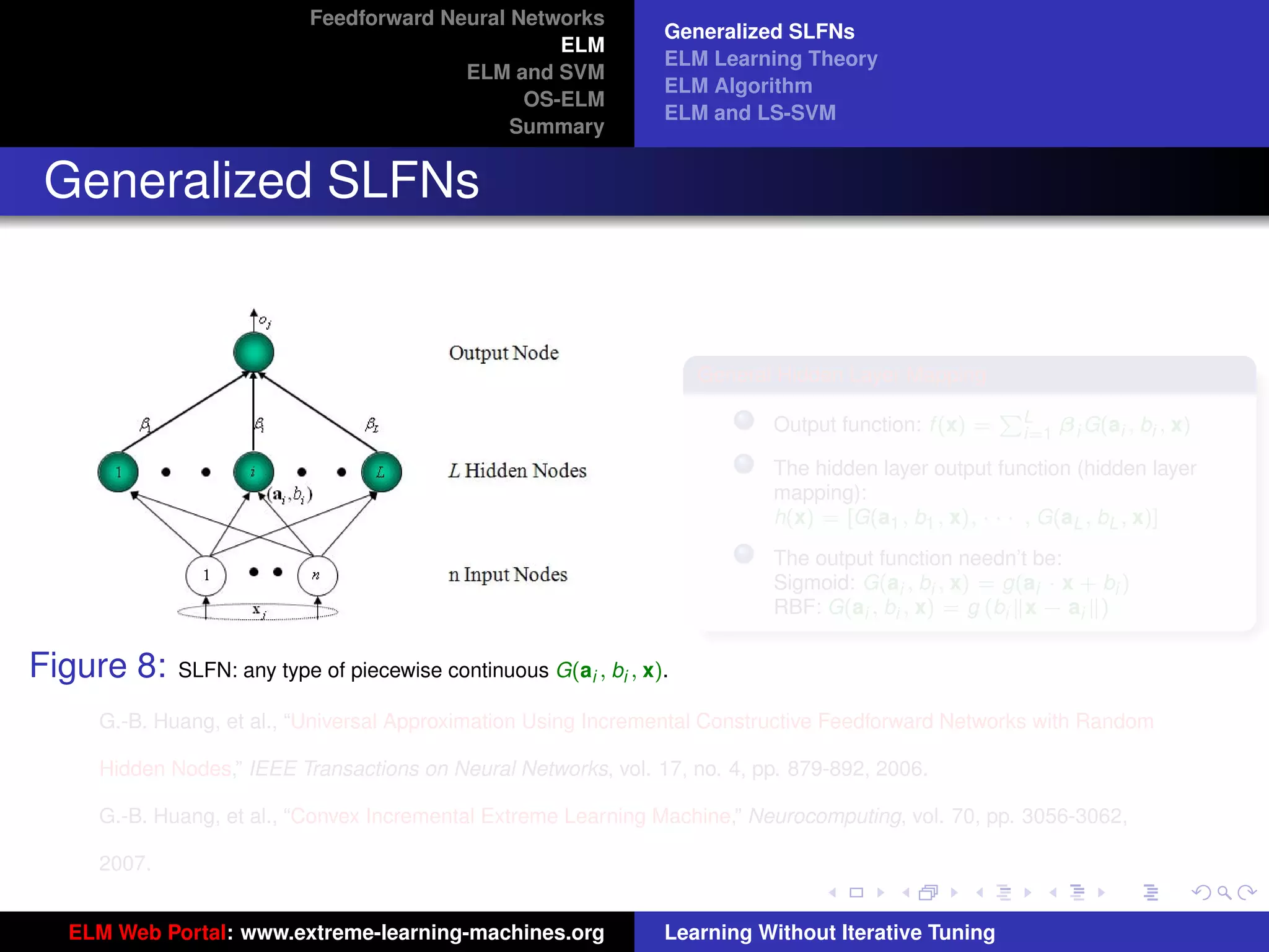 Feedforward Neural Networks
                                                                 Generalized SLFNs
                                                 ELM
                                                                 ELM Learning Theory
                                        ELM and SVM
                                                                 ELM Algorithm
                                              OS-ELM
                                                                 ELM and LS-SVM
                                             Summary


Generalized SLFNs


                                                                     General Hidden Layer Mapping
                                                                                                       PL
                                                                            Output function: f (x) =    i=1   β i G(ai , bi , x)

                                                                            The hidden layer output function (hidden layer
                                                                            mapping):
                                                                            h(x) = [G(a1 , b1 , x), · · · , G(aL , bL , x)]
                                                                            The output function needn’t be:
                                                                            Sigmoid: G(ai , bi , x) = g(ai · x + bi )
                                                                            RBF: G(ai , bi , x) = g (bi x − ai )


Figure 8:   SLFN: any type of piecewise continuous G(ai , bi , x).

    G.-B. Huang, et al., “Universal Approximation Using Incremental Constructive Feedforward Networks with Random                  tu-logo

    Hidden Nodes,” IEEE Transactions on Neural Networks, vol. 17, no. 4, pp. 879-892, 2006.

    G.-B. Huang, et al., “Convex Incremental Extreme Learning Machine,” Neurocomputing, vol. 70, pp. 3056-3062,              ur-logo

    2007.


  ELM Web Portal: www.extreme-learning-machines.org              Learning Without Iterative Tuning
 