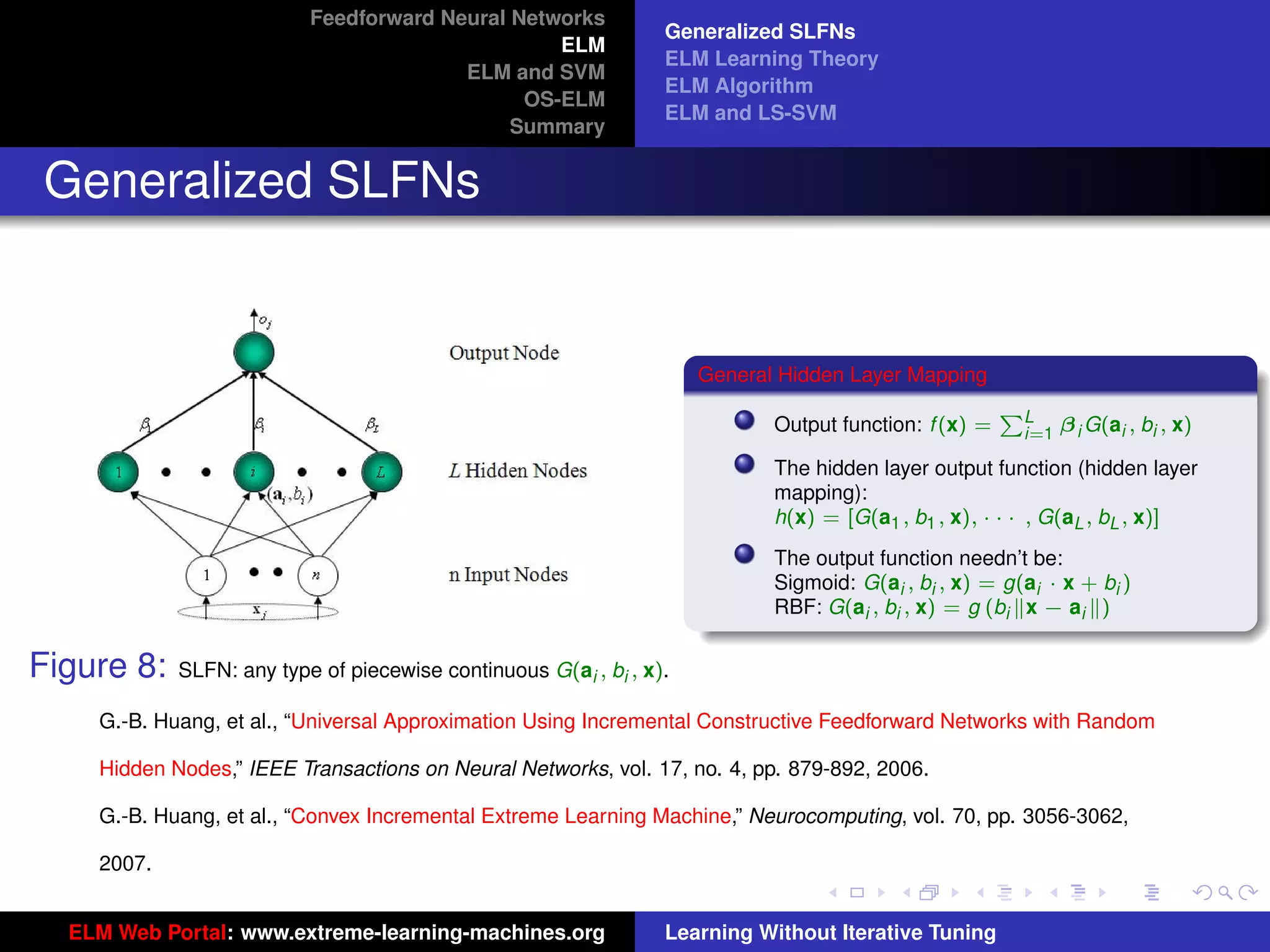 Feedforward Neural Networks
                                                                 Generalized SLFNs
                                                 ELM
                                                                 ELM Learning Theory
                                        ELM and SVM
                                                                 ELM Algorithm
                                              OS-ELM
                                                                 ELM and LS-SVM
                                             Summary


Generalized SLFNs


                                                                     General Hidden Layer Mapping
                                                                                                       PL
                                                                            Output function: f (x) =    i=1   β i G(ai , bi , x)

                                                                            The hidden layer output function (hidden layer
                                                                            mapping):
                                                                            h(x) = [G(a1 , b1 , x), · · · , G(aL , bL , x)]
                                                                            The output function needn’t be:
                                                                            Sigmoid: G(ai , bi , x) = g(ai · x + bi )
                                                                            RBF: G(ai , bi , x) = g (bi x − ai )


Figure 8:   SLFN: any type of piecewise continuous G(ai , bi , x).

    G.-B. Huang, et al., “Universal Approximation Using Incremental Constructive Feedforward Networks with Random                  tu-logo

    Hidden Nodes,” IEEE Transactions on Neural Networks, vol. 17, no. 4, pp. 879-892, 2006.

    G.-B. Huang, et al., “Convex Incremental Extreme Learning Machine,” Neurocomputing, vol. 70, pp. 3056-3062,              ur-logo

    2007.


  ELM Web Portal: www.extreme-learning-machines.org              Learning Without Iterative Tuning
 