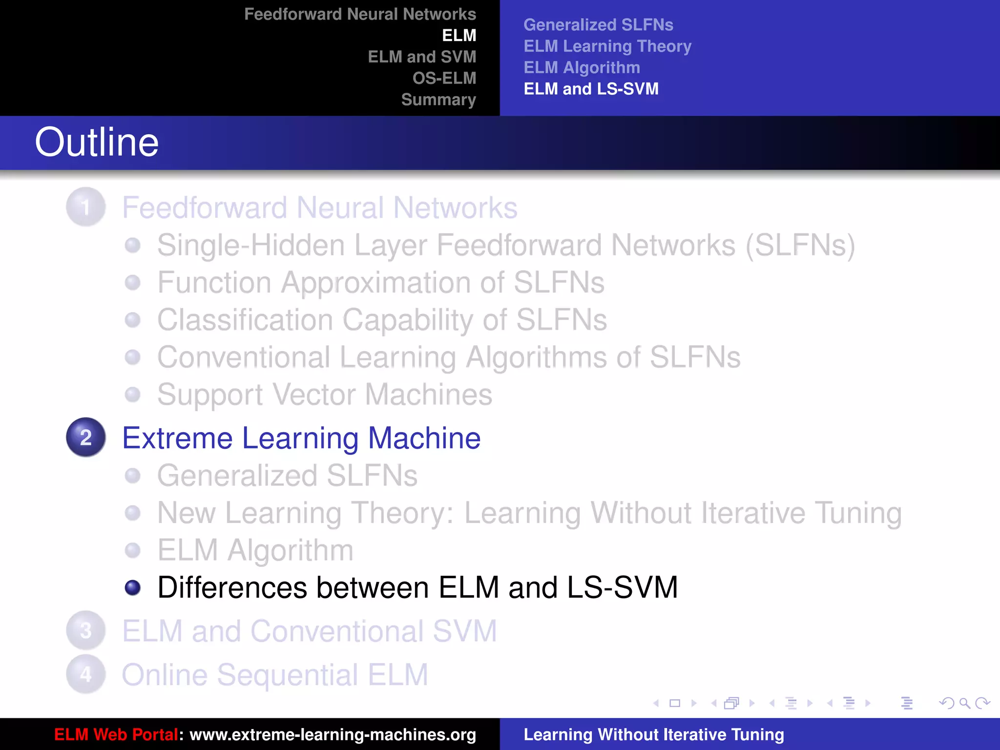 Feedforward Neural Networks
                                                     Generalized SLFNs
                                              ELM
                                                     ELM Learning Theory
                                     ELM and SVM
                                                     ELM Algorithm
                                           OS-ELM
                                                     ELM and LS-SVM
                                          Summary


Outline
    1   Feedforward Neural Networks
          Single-Hidden Layer Feedforward Networks (SLFNs)
          Function Approximation of SLFNs
          Classiﬁcation Capability of SLFNs
          Conventional Learning Algorithms of SLFNs
          Support Vector Machines
    2   Extreme Learning Machine
          Generalized SLFNs
          New Learning Theory: Learning Without Iterative Tuning
          ELM Algorithm                                                                   tu-logo
          Differences between ELM and LS-SVM
    3   ELM and Conventional SVM                                                         ur-logo
    4   Online Sequential ELM
 ELM Web Portal: www.extreme-learning-machines.org   Learning Without Iterative Tuning
 