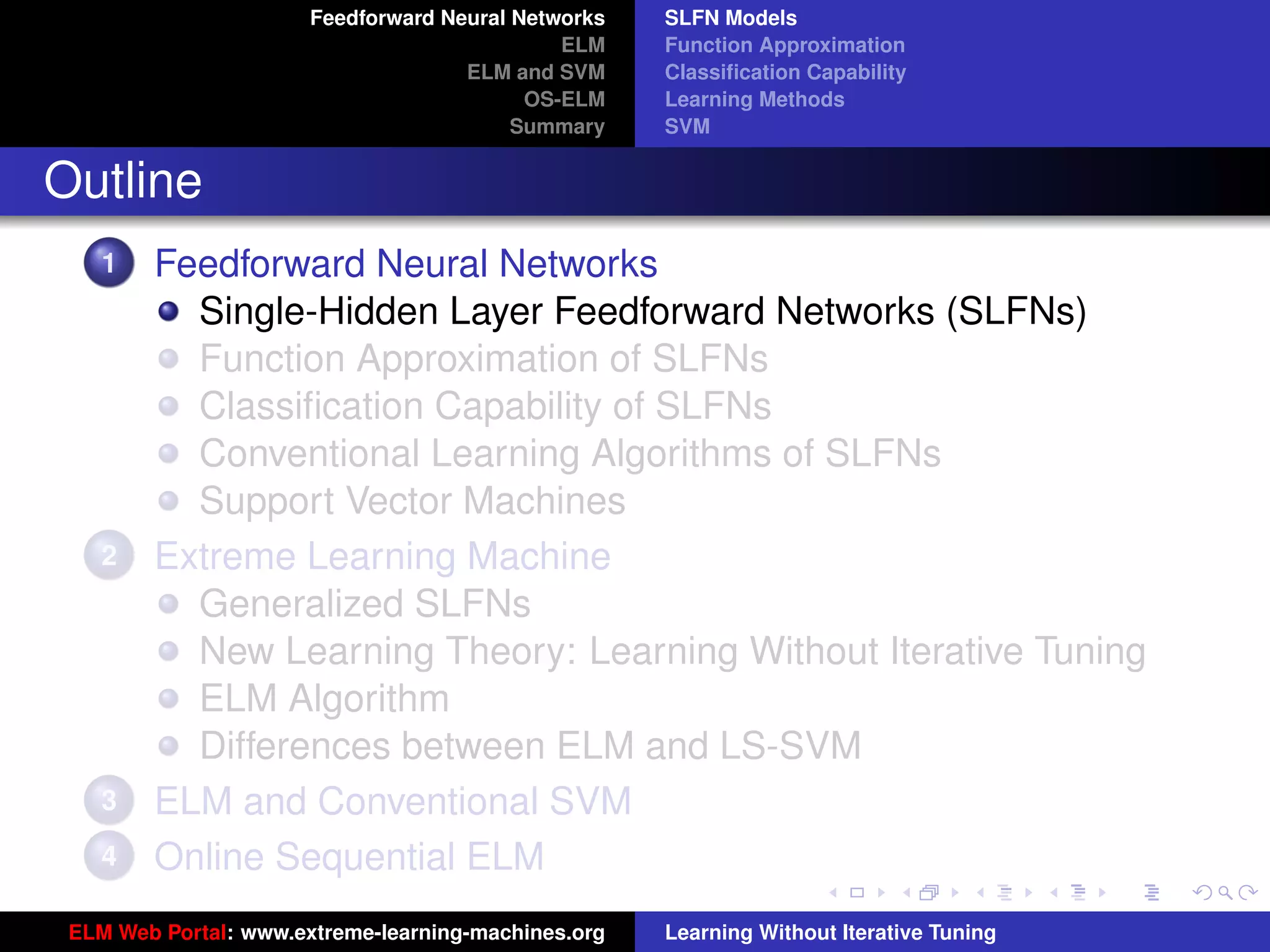 Feedforward Neural Networks   SLFN Models
                                              ELM    Function Approximation
                                     ELM and SVM     Classiﬁcation Capability
                                           OS-ELM    Learning Methods
                                          Summary    SVM


Outline
    1   Feedforward Neural Networks
          Single-Hidden Layer Feedforward Networks (SLFNs)
          Function Approximation of SLFNs
          Classiﬁcation Capability of SLFNs
          Conventional Learning Algorithms of SLFNs
          Support Vector Machines
    2   Extreme Learning Machine
          Generalized SLFNs
          New Learning Theory: Learning Without Iterative Tuning
          ELM Algorithm                                                                   tu-logo
          Differences between ELM and LS-SVM
    3   ELM and Conventional SVM                                                         ur-logo
    4   Online Sequential ELM
 ELM Web Portal: www.extreme-learning-machines.org   Learning Without Iterative Tuning
 