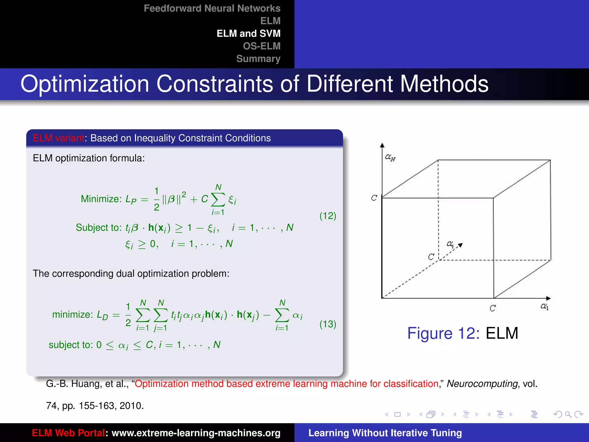 Feedforward Neural Networks
                                                 ELM
                                        ELM and SVM
                                              OS-ELM
                                             Summary


Optimization Constraints of Different Methods

 ELM variant: Based on Inequality Constraint Conditions

 ELM optimization formula:

                                              N
                             1       2
                                              X
           Minimize: LP =        β       +C         ξi
                             2                i=1                              (12)
          Subject to: ti β · h(xi ) ≥ 1 − ξi ,      i = 1, · · · , N
                      ξi ≥ 0,     i = 1, · · · , N


 The corresponding dual optimization problem:

                        N N                                       N
                      1 XX                                        X
     minimize: LD =               ti tj αi αj h(xi ) · h(xj ) −         αi
                      2 i=1 j=1                                   i=1          (13)
                                                                                                                       tu-logo
                                                                                                  Figure 12: ELM
    subject to: 0 ≤ αi ≤ C, i = 1, · · · , N



    G.-B. Huang, et al., “Optimization method based extreme learning machine for classiﬁcation,” Neurocomputing, vol. ur-logo

    74, pp. 155-163, 2010.

 ELM Web Portal: www.extreme-learning-machines.org                           Learning Without Iterative Tuning
 
