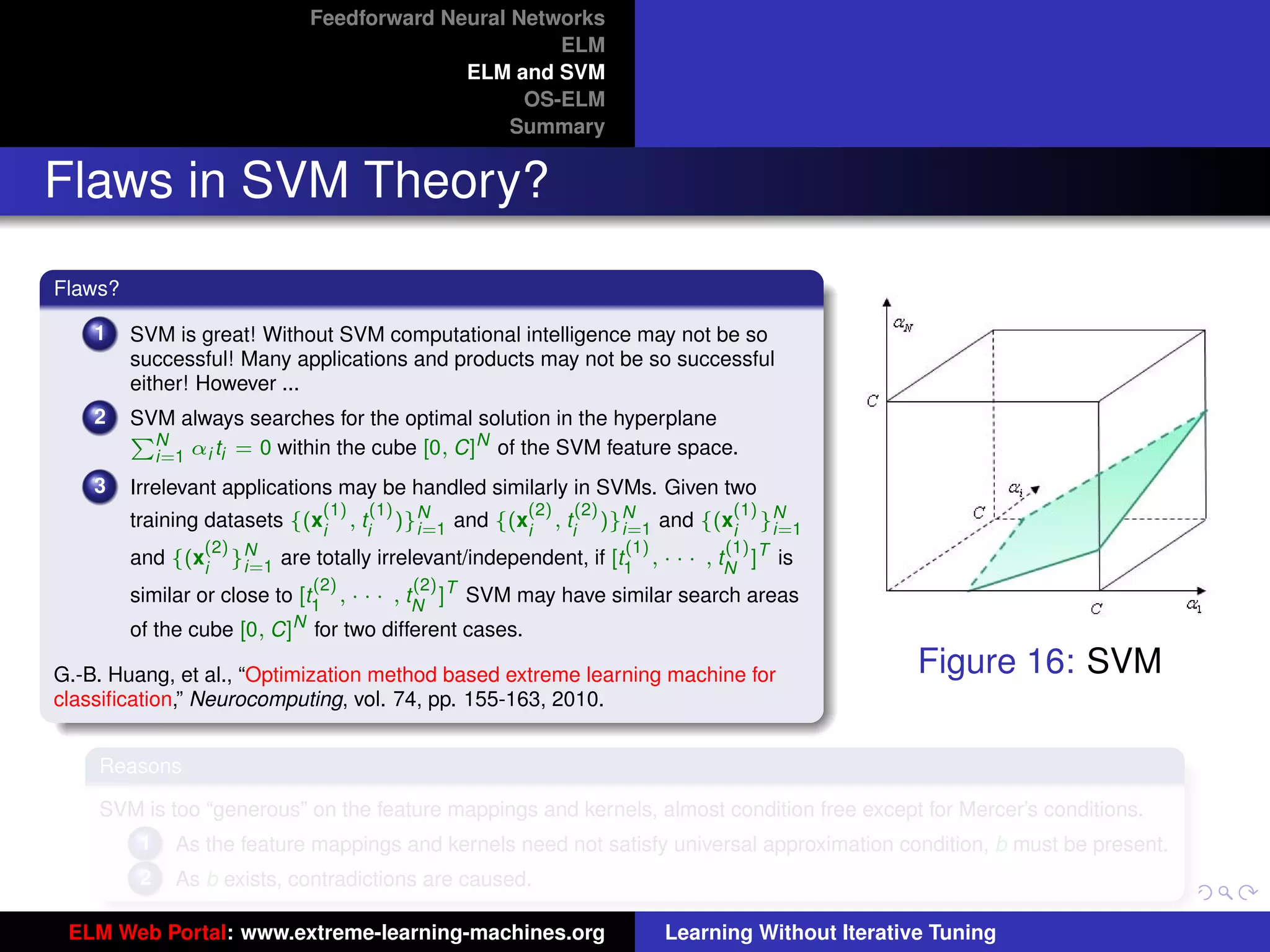 Feedforward Neural Networks
                                                      ELM
                                             ELM and SVM
                                                   OS-ELM
                                                  Summary


Flaws in SVM Theory?
Flaws?

    1    SVM is great! Without SVM computational intelligence may not be so
         successful! Many applications and products may not be so successful
         either! However ...
    2    SVM always searches for the optimal solution in the hyperplane
         PN                                    N
           i=1 αi ti = 0 within the cube [0, C] of the SVM feature space.
    3    Irrelevant applications may be handled similarly in SVMs. Given two
                                (1)      (1)              (2)      (2)                    (1) N
         training datasets {(xi       , ti     )}N and {(xi
                                                 i=1            , ti     )}N and {(xi
                                                                           i=1               }i=1
                  (2)                                                      (1)            (1)
         and   {(xi }Ni=1   are totally irrelevant/independent, if       [t1 , · · ·   , tN ]T   is
                               (2)              (2)
         similar or close to [t1 , · · · , tN ]T SVM may have similar search areas
         of the cube [0, C]N for two different cases.

G.-B. Huang, et al., “Optimization method based extreme learning machine for                            Figure 16: SVM
classiﬁcation,” Neurocomputing, vol. 74, pp. 155-163, 2010.
                                                                                                                             tu-logo

    Reasons

    SVM is too “generous” on the feature mappings and kernels, almost condition free except for Mercer’s conditions.
                                                                                                                            ur-logo
          1    As the feature mappings and kernels need not satisfy universal approximation condition, b must be present.
          2    As b exists, contradictions are caused.

 ELM Web Portal: www.extreme-learning-machines.org                             Learning Without Iterative Tuning
 