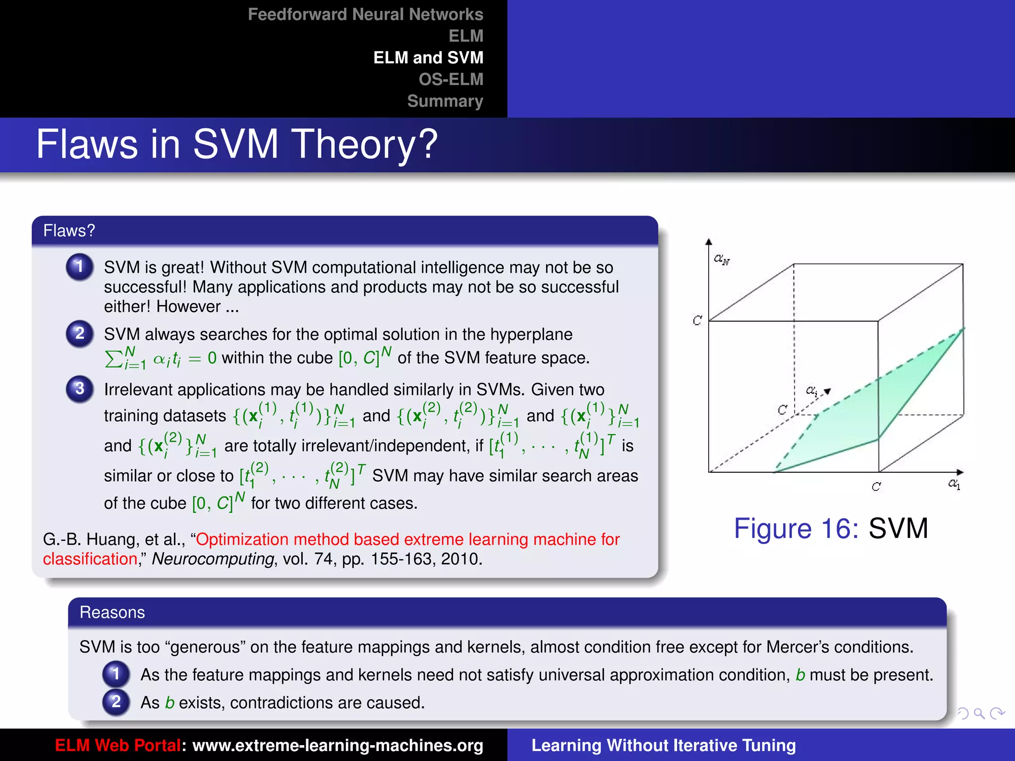 Feedforward Neural Networks
                                                      ELM
                                             ELM and SVM
                                                   OS-ELM
                                                  Summary


Flaws in SVM Theory?
Flaws?

    1    SVM is great! Without SVM computational intelligence may not be so
         successful! Many applications and products may not be so successful
         either! However ...
    2    SVM always searches for the optimal solution in the hyperplane
         PN                                    N
           i=1 αi ti = 0 within the cube [0, C] of the SVM feature space.
    3    Irrelevant applications may be handled similarly in SVMs. Given two
                                (1)      (1)              (2)      (2)                    (1) N
         training datasets {(xi       , ti     )}N and {(xi
                                                 i=1            , ti     )}N and {(xi
                                                                           i=1               }i=1
                  (2)                                                      (1)            (1)
         and   {(xi }Ni=1   are totally irrelevant/independent, if       [t1 , · · ·   , tN ]T   is
                               (2)              (2)
         similar or close to [t1 , · · · , tN ]T SVM may have similar search areas
         of the cube [0, C]N for two different cases.

G.-B. Huang, et al., “Optimization method based extreme learning machine for                            Figure 16: SVM
classiﬁcation,” Neurocomputing, vol. 74, pp. 155-163, 2010.
                                                                                                                             tu-logo

    Reasons

    SVM is too “generous” on the feature mappings and kernels, almost condition free except for Mercer’s conditions.
                                                                                                                            ur-logo
          1    As the feature mappings and kernels need not satisfy universal approximation condition, b must be present.
          2    As b exists, contradictions are caused.

 ELM Web Portal: www.extreme-learning-machines.org                             Learning Without Iterative Tuning
 