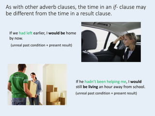If we had left earlier, I would be home
by now.
As with other adverb clauses, the time in an if- clause may
be different from the time in a result clause.
If he hadn’t been helping me, I would
still be living an hour away from school.
(unreal past condition + present result)
(unreal past condition + present result)
 