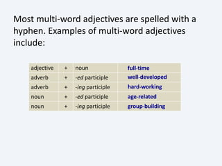 Most multi-word adjectives are spelled with a
hyphen. Examples of multi-word adjectives
include:
adjective + noun
adverb + -ed participle
adverb + -ing participle
noun + -ed participle
noun + -ing participle
full-time
well-developed
hard-working
age-related
group-building
 