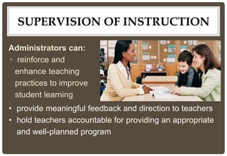 SUPERVISION OF INSTRUCTION
Administrators can:
• reinforce and
enhance teaching
practices to improve
student learning
• provide meaningful feedback and direction to teachers
• hold teachers accountable for providing an appropriate
and well-planned program
 