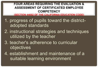 FOUR AREAS REQUIRING THE EVALUATION &
ASSESSMENT OF CERTIFICATED EMPLOYEE
COMPETENCY
(SECTION 44662 OF THE CALIFORNIA EDUCATION CODE)
1. progress of pupils toward the district-
adopted standards
2. instructional strategies and techniques
utilized by the teacher
3. teacher's adherence to curricular
objectives
4. establishment and maintenance of a
suitable learning environment
 