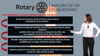 Actitud y posición en la mesa, que le permita estar atento al comienzo
y final de cada reunión rotaria.
Atender adecuadamente las visitas, evitando por todas las formas
posibles que en algún momento queden solas.
Disponer la mesa de reunión, de tal manera que haya la menor
distancia
posible entre sus extremos, cualquiera de ellos sea,
con respecto al centro de la mesa directiva.
Cuidar los horarios, tanto al inicio como el de la
finalización de la reunión.
Que debe tener en cuenta el Macero para las reuniones
 