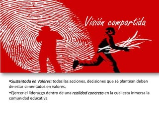 Visión compartidaSustentada en Valores: todas las acciones, decisiones que se plantean deben de estar cimentados en valores.