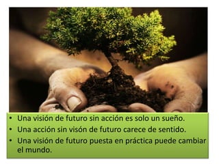 Una visión de futuro sin acción es solo un sueño.Una acción sin visón de futuro carece de sentido.Una visión de futuro puesta en práctica puede cambiar el mundo.