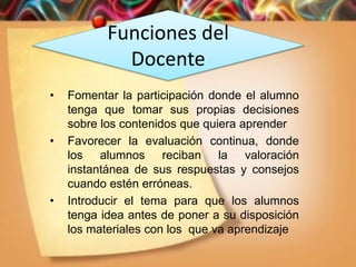 Funciones del
Docente
• Fomentar la participación donde el alumno
tenga que tomar sus propias decisiones
sobre los contenidos que quiera aprender
• Favorecer la evaluación continua, donde
los alumnos reciban la valoración
instantánea de sus respuestas y consejos
cuando estén erróneas.
• Introducir el tema para que los alumnos
tenga idea antes de poner a su disposición
los materiales con los que va aprendizaje
 