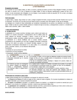 EL MAGISTERIO DE LA IGLESIA FRENTE A LOS DESAFÍOS DE
LA POST-MODERNIDAD
El magisterio de la Iglesia
Es la expresión con que la Iglesia Católica, se refiere a la función y autoridad de enseñar que tienen el Papa (Magisterio Pontificio) y los obispos
que están en comunión con él. Dice el Catecismo de la Iglesia Católica: "El oficio de interpretar auténticamente la palabra de Dios, oral o
escritura, ha sido encomendado sólo al Magisterio vivo de la Iglesia, el cual lo ejercita en nombre de Jesucristo" (DV 10), es decir, a los obispos
en comunión con el sucesor de Pedro, el obispo de Roma.
PROFUNDIZAMOS.
La Iglesia madre y maestra, aboga siempre por cuidar y proteger la dignidad del hombre, encargo del mismo Jesucristo “Enseñen todo lo que Yo
os hemandado” ( Mt. 28,29), por lo que ella se pronuncia siempre de todo lo que atente contra dicha dignidad, en este caso las ideologías.
Las ideologías son el conjunto de ideas fundamentales que caracterizan el pensamiento de una persona, una colectividad, una doctrina o una
época: También se trata de la doctrina filosófica centrada en el estudio del origen de las ideas. La ideología tiende a conservar o a transformar el
sistema social, económico, político o cultural existente.
I.-IDEOLOGÍAS MODERNAS
A.- GLOBALIZACIÓN
La globalización es un proceso económico, tecnológico, social y cultural a gran escala, que
consiste en la creciente comunicación e interdependencia entre los distintos países del
mundo unificando sus mercados, sociedades y culturas, a través de una serie de
transformaciones sociales, económicas y políticas que les dan un carácter global.
La globalización es a menudo identificada como un proceso dinámico producido
principalmente por las sociedades que viven bajo el capitalismo democrático la democracia
liberal que han abierto sus puertas a la revolución informática, plegando a un nivel
considerable de liberalización democratización en su cultura política, en su ordenamiento
jurídico y económico nacional, y en sus relaciones internacionales.
Características
-La velocidad con que se producen los cambios
-La generación de nuevos paradigmas
- La comunicación mundial en forma instantánea.
GLOBALIZACIÓN LA IGLESIA
a) Se detecta la presencia de una
racionalidad instrumental que no reconoce
la dignidad
a) El principio, el sujeto y el fin de todas las instituciones sociales es la persona humana,
imagen de Dios, ser único e irrepetible abierto a la trascendencia, en comunión con los
demás y con un proyecto propio de vida
Todo tipo de manipulación genética, psicológica o religiosa de la persona, implica una
reducción de la dignidad de la persona.
b) Tendencia que busca una homologación
de visiones y actitudes, una asimilación de
valores y comportamientos, fomentando
una alienación cultural. La Iglesia frente a
esto señala
b) La Iglesia busca el respeto de la identidad, al pluralismo de los pueblos, lo que implica
el reconocimiento de expresiones propias de su relación con Dios, con los semejantes y
con la naturaleza, consigo mismo y con la naturaleza
La cultura se ha caracterizado por el reconocimiento de valores, costumbres y leyes.
El intercambio globalizado que vivimos esta cambiando estas realidades: donde los
grupos humanos, pueblos y culturas tienden a perder su propia personalidad terminan por
desdibujarse y desaparecer.
PRIORIDADES DE UN MUNDO GLOBALIZADO
La Iglesia señala prioridades para una evangelización que impregne los valores en lo concreto
1. La Primacía de la Persona.-El hombre es imagen de Dios y desde ahí radica su dignidad.- En el proceso de globalización se destaca una
racionalidad instrumental que no reconoce la dignidad de la personal
2. El respeto a la Identidad.-El pluralismo y en especial el respeto de la dignidad y a la identidad de la persona es esencial para que la
globalización no se convierta en un colonialismo económico y cultural ya que cada persona refleja a Dios.
3. La globalización de la solidaridad.-La solidaridad entendida como firme y perseverante de empeñarse por el bien común es decir por el
bien de todos y cada uno para que todos seamos verdaderamente responsables de todos.
B.SECULARISMO.-
 