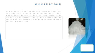 D E F I N I C I O N
E l m a g n e s i o e s u n o d e l o s m i n e r a l e s q u e n e c e s i t a
e l o r g a n i s m o , a u n q u e e n p e q u e ñ a s d o s i s , p a r a
m a n t e n e r s u e q u i l i b r i o n a t u r a l . E s t á p r e s e n t e e n
l a s c é l u l a s n e r v i o s a s , p o r l o q u e d e s e m p e ñ a u n
p a p e l m u y i m p o r t a n t e e n e l b u e n f u n c i o n a m i e n t o
d e l s i s t e m a n e r v i o s o .
I r a l a
d i a p o s i t i v a 2
 