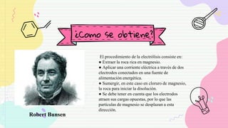 ¿Como se obtiene?
El procedimiento de la electrólisis consiste en:
● Extraer la roca rica en magnesio.
● Aplicar una corriente eléctrica a través de dos
electrodos conectados en una fuente de
alimentación energética.
● Sumergir, en este caso en cloruro de magnesio,
la roca para iniciar la disolución.
● Se debe tener en cuenta que los electrodos
atraen sus cargas opuestas, por lo que las
partículas de magnesio se desplazan a esta
dirección.
Robert Bunsen
 