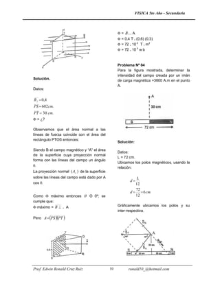 FISICA 5to Año - Secundaria



                                                     = B . A
                                                     = 0,4 T . (0,6) (0,3)
                                                     = 72 . 10-3 T . m2
                                                     = 72 . 10-3 w b



                                                    Problema Nº 04
                                                    Para la figura mostrada, determinar la
                                                    intensidad del campo creada por un imán
Solución.                                           de carga magnética +3600 A.m en el punto
                                                    A.
Datos:

B   0,4
PS  602cm.
PT  30 cm.
 = ¿?

Observamos que el área normal a las
líneas de fuerza coincide con el área del
rectángulo PTOS entonces:
                                                    Solución:

Siendo B el campo magnético y “A” el área
                                                    Datos:
de la superficie cuya proyección normal
                                                    L = 72 cm.
forma con las líneas del campo un ángulo
                                                    Ubicamos los polos magnéticos, usando la
.
                                                    relación:
La proyección normal ( A ) de la superficie
sobre las líneas del campo está dado por A                      L
                                                            d
cos .                                                         12
                                                               72
                                                            d   6 cm
Como  máximo entonces  O 0º; se                              12
cumple que:
 máximo = B  . A                                  Gráficamente ubicamos los polos y su
                                                    inter-respectiva.
Pero A PS PT 




Prof. Edwin Ronald Cruz Ruíz                   10          ronald10_@hotmail.com
 