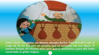 Todos vieron cumplidos sus deseos, excepto Dorita. Totó descubrió que el
mago de Oz no era sino un anciano que se escondía tras esa figura. El
hombre llevaba allí muchos años pero quería marcharse y para ello había
construido un globo mágico. 7
 