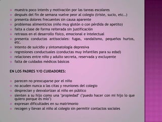    muestra poco interés y motivación por las tareas escolares
   después del fin de semana vuelve peor al colegio (triste, sucio, etc..)
   presenta dolores frecuentes sin causa aparente
   problemas alimenticios (niño muy glotón o con pérdida de apetito)
   falta a clase de forma reiterada sin justificación
   retrasos en el desarrollo físico, emocional e intelectual
   presenta conductas antisociales: fugas, vandalismo, pequeños hurtos,
    etc.
   intento de suicidio y sintomatología depresiva
   regresiones conductuales (conductas muy infantiles para su edad)
   relaciones entre niño y adulto secreta, reservada y excluyente
   falta de cuidados médicos básicos

EN LOS PADRES Y/O CUIDADORES:

   parecen no preocuparse por el niño
   no acuden nunca a las citas y reuniones del colegio
   desprecian y desvalorizan al niño en público
   sienten a su hijo como una "propiedad" ("puedo hacer con mi hijo lo que
    quiero porque es mío")
   expresan dificultades en su matrimonio
   recogen y llevan al niño al colegio sin permitir contactos sociales
 