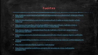 Fuentes
▪ http://noticias.universia.es/actualidad/noticia/2014/10/22/1113605/unicef-violencia-infantil-
cifras.html
▪ http://www.elnuevodiario.com.ni/nacionales/406246-6-cada-10-ninos-mundo-sufren-
violencia/
▪ http://www.monografias.com/trabajos88/factores-que-influyen-maltrato-ninos-y-
ninas/factores-que-influyen-maltrato-ninos-y-ninas.shtml
▪ http://www.elpais.com.co/colombia/cifras-de-maltrato-infantil-son-vergonzosas-y-
aterradoras-icbf.html
▪ http://www.20minutos.es/noticia/2959602/0/maltrato-infantil-espana-registro-unificado-
rumi/
▪ https://cooperablog.wordpress.com/2013/04/25/aumenta-la-violencia-contra-menores-en-
espana/
▪ http://www.maltratoinfantil.org/ninos-maltratados/
▪ http://www.comentariosdelibros.com/articulo-secuelas-en-ninos-maltratados-
4a133u1s.htm
 