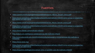 Fuentes
▪ https://www.unicef.org/argentina/spanish/educacion_Abuso_Sexual_170713.pdf
▪ https://www.serpadres.es/familia/derechos/articulo/maltrato-infantil-como-actuar-si-sospechas-
que-tienes-un-caso-cerca
▪ https://www.unicef.org/argentina/spanish/educacion_Abuso_Sexual_170713.pdf
▪ https://www.serpadres.es/familia/derechos/articulo/maltrato-infantil-como-actuar-si-sospechas-
que-tienes-un-caso-cerca
▪ https://www.lifeder.com/maltrato-infantil/
▪ http://salud.ccm.net/faq/102-consecuencias-del-maltrato-infantil
▪ http://www.educando.edu.do/articulos/estudiante/causas-y-consecuencias-del-maltrato-a-
menores/
▪ https://www.anar.org/
▪ https://www.serpadres.es/familia/derechos/articulo/maltrato-infantil-como-actuar-si-sospechas-
que-tienes-un-caso-cerca
▪ https://isepclinic.es/blog/como-actuar-ante-un-posible-caso-de-maltrato-infantil/
 