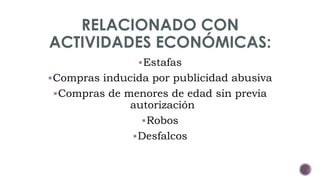 RELACIONADO CON 
ACTIVIDADES ECONÓMICAS: 
Estafas 
Compras inducida por publicidad abusiva 
Compras de menores de edad sin previa 
autorización 
Robos 
Desfalcos 
 