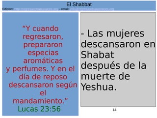 14
“Y cuando
regresaron,
prepararon
especias
aromáticas
y perfumes. Y en el
día de reposo
descansaron según
el
mandamiento.”
Lucas 23:56
- Las mujeres
descansaron en
Shabat
después de la
muerte de
Yeshua.
El Shabbat
Edicion: http://regresandoalasraices.org - email: info@regresandoalasraices.org
 