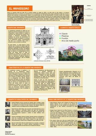 Cúpula
Pilastras
Frontón
Arco de medio punto
el manierismo
Abarca la segunda mitad del siglo XVI; se puede localizar su origen en 1520 y se sitúa entre el arte clásico y el barroco,
manifestándose más en la pintura y la escultura que en la arquitectura. El Manierismo tiene rasgos anticlásicos dado que recurre a
artificios para deformar la representación clásica y las proporciones del arte del Renacimiento. El término resultó de la palabra
maniera, la cual actualmente indica la etapa de decadencia de un estilo, aunque se trata de uno con rasgos propios que surgió en Italia
y se expandió por Europa adquiriendo características que se distancian del clásico. Se puede decir que surgió como respuesta al ideal
renacentista, cuyos fundamentos estuvieron en la armonía, proporciones, serenidad y equilibrio; pintores como Miguel Ángel,
Leonardo, Rafael y Tiziano habían llevado a la cima dichos principios y parecía que ya nada podría superar ese arte.
La arquitectura manierista se define por ser
aquella que pierde la franqueza de lo que es a
composición y pierde también el respeto al
clasicismo. Se caracterizó por poseer trucos
visuales y elementos inesperados que
desafiaron las normas del renacimiento. El
manierismo rechaza el equilibrio y la armonía
de la arquitectura clásica, concentrándose
más bien en el contraste entre norma y
anulación, entre lo natural y lo artificial
Arquitectura Manierista elementos arquitectonicos
El manierismo rechaza el equilibrio y la
armonía de la arquitectura clásica,
enfocándose más bien en el contraste entre
norma y derogación, naturaleza y artificio. De
esta forma, la carga pierde su peso, mientras
que el soporte no admite nada (por ejemplo,
en la perspectiva del difunto Palazzo
Branconio dell’Aquila en Roma, de Raffaello
Sanzio, donde las semicolumnas de la planta
baja se colocan en correspondencia de los
nichos del primer piso); el vuelo en
perspectiva no termina en un punto focal,
como en el Barroco, sino que termina en la
nada; las estructuras verticales adquieren
dimensiones excesivas y dan al complejo un
equilibrio perturbador.
Características de la arquitectura manierista
Andrea Palladio: Se hizo conocido por diseñar villas a medida y casas
de campo para los aristócratas del noreste de Italia, con la simplicidad
y la simetría en el centro de cada creación. Sus diseños tenían un
vestíbulo central y las habitaciones se situaban alrededor.
Giulio Romano: Giulio Pippi, más conocido como Giulio Romano, fue un
pintor, arquitecto y decorador italiano del siglo XVI, prominente
alumno de Rafael, cuyas innovaciones en relación al clasicismo del
alto Renacimiento ayudaron a definir el estilo definido como
manierismo.
Antonio da Sangallo: Antonio Cordiani, llamado Antonio da Sangallo el
Joven fue un arquitecto del Renacimiento italiano. Se trasladó muy
joven de su Florencia natal a Roma, ciudad en la que conocerá a
Donato Bramante y donde vivirá y trabajará la mayor parte de su vida.
Giacomo della Porta: Giacomo della Porta fue un escultor y arquitecto
italiano que trabajó en muchos edificios importantes en Roma,
incluyendo la Basílica de San Pedro de la Ciudad del Vaticano.
Arquitectos resaltantes del movimiento
Virgen del cuello largo
Cuadro de Parmigianino
Análisis
Escorzos
(sin proporciones humanas)
Exageración de los
movimientos
Esta composicion se aparta
de la solución clasica de
perfecta armonía y equilibrio
De esta manera , la carga pierde su peso,
mientras que el soporte no admite nada (por
ejemplo, en la perspectiva del difunto Palazzo
Branconio dell’Aquila en Roma, de Raffaello
Sanzio, donde las semicolumnas de la planta
baja se colocan en correspondencia de los
nichos del primer piso); el vuelo en
perspectiva no termina en un punto focal,
como en el Barroco, sino que termina en la
nada; las estructuras verticales adquieren
proporciones exageradas y dan al complejo
un equilibrio perturbador.
Sebastiano Serlio. Modelo de fachada de iglesia (1527)
La Rotonda (o Villa Capra, Vicenza, 1567-69)
Si en la arquitectura del Renacimiento las
fábricas a menudo denuncian su
conformación interna incluso fuera (por
ejemplo, destacando los cursos de cuerda,
extrados y sofitos), las obras manieristas
generalmente se alejan de esta tendencia,
ocultando su estructura básica.
Aunque esporádicamente, influyeron en la
misma arquitectura; esto es evidente en las
extrañas aperturas en el frente del Palazzo
Zuccari en Roma y en el Giardino Orsini
(conocido como Parco dei Mostri) en
Bomarzo.
Desde el punto de vista decorativo, el
fenómeno de lo grotesco, un sujeto pictórico
de la época romana, fue redescubierto a
finales del siglo XV durante algunas
excavaciones arqueológicas. Estas pinturas,
centradas en representaciones fantásticas e
irracionales, volvieron a estar de moda
durante el Manierismo (por ejemplo, en las
decoraciones del Palazzo Te)
Decoraciones del Palazzo Te
Palazzo Branconio dell’Aquila en Roma
obras emblemáticas de la Arquitectura Manierista
Giulio Romano. Palacio del Té, Mantua: El Palacio Té (en
italiano: Palazzo Te)​ es un palacio en las afueras de
Mantua, Italia. Es un buen ejemplo del manierismo en la
arquitectura, la obra maestra reconocida de Giulio
Romano.
Giorgio Vasari. Galería de los Uffizi, Florencia: La Galería
Uffizi es un palacio y museo en Florencia que contiene
una de las más antiguas y famosas colecciones de arte
del mundo. Se la considera como una de las atracciones
turísticas más vistas de Florencia y en 2015 recibió casi
dos millones de visitas, siendo por ello la pinacoteca más
frecuentada de Italia
Pirro Ligorio. Vistas de la villa de la familia D´Este, Tívoli:
es una de las villas más destacadas de su tiempo, aunque
quizás lo sea más que por su arquitectura por su
paisajismo y su decoración. A mediados del siglo XVI el
gobernador de Tivoli era el cardenal Hipólito II de Este
(1509 – 1572).
Fabiola Zapata
27.964.425
Extension de Maturín
 