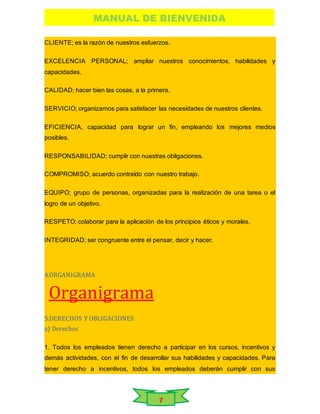 MANUAL DE BIENVENIDA
7
CLIENTE; es la razón de nuestros esfuerzos.
EXCELENCIA PERSONAL; ampliar nuestros conocimientos, habilidades y
capacidades.
CALIDAD; hacer bien las cosas, a la primera.
SERVICIO; organizarnos para satisfacer las necesidades de nuestros clientes.
EFICIENCIA, capacidad para lograr un fin, empleando los mejores medios
posibles.
RESPONSABILIDAD; cumplir con nuestras obligaciones.
COMPROMISO; acuerdo contraído con nuestro trabajo.
EQUIPO; grupo de personas, organizadas para la realización de una tarea o el
logro de un objetivo.
RESPETO; colaborar para la aplicación de los principios éticos y morales.
INTEGRIDAD; ser congruente entre el pensar, decir y hacer.
4.ORGANIGRAMA
Organigrama
5.DERECHOS Y OBLIGACIONES
a) Derechos
1. Todos los empleados tienen derecho a participar en los cursos, incentivos y
demás actividades, con el fin de desarrollar sus habilidades y capacidades. Para
tener derecho a incentivos, todos los empleados deberán cumplir con sus
 