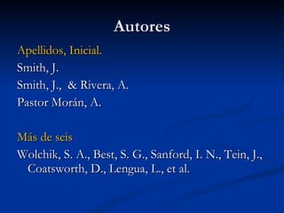 Autores Apellidos, Inicial. Smith, J. Smith, J.,  &  Rivera, A.  Pastor Mor á n, A. Más de seis Wolchik, S. A., Best, S. G., Sanford, I. N., Tein, J., Coatsworth, D., Lengua, L., et al.  