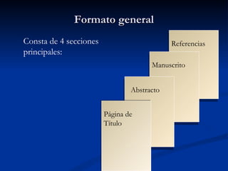Formato general Referencias Manuscrito  Abstracto Página de Título Consta de 4 secciones principales: 