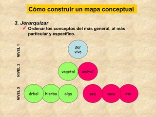 Cómo construir un mapa conceptual  <ul><li>3. Jerarquizar </li></ul><ul><ul><li>Ordenar los conceptos del más general, al ...