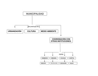 URBANIZACIÓN CULTURA MEDIO AMBIENTE
COORDINACIÓN CON
OTRAS INSTITUCIONES.
BOMBEROS COMISARÍA COLEGIOS HOSPITAL
MUNICIPALIDAD
RESCATE PROTECCIÓN EDUCACIÓN SALUD
Se preocupa de
como
 
