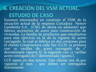 Estamos interesados en construir el VSM de la
situación actual de la empresa Cortadora Nestor
Gambetta S.A. (CNG de ahora en adelante) que
fabrica accesorios de acero para construcción de
viviendas. La familia de productos que estudiamos
para este ejercicio es la de la vigueta de acero
corrugado la cual se fabrica en dos versiones para
el cliente Constructora calle Sur (CCS); la primera
con 10 varillas de acero corrugado de 1”
denominada vigueta D, la segunda con 12 varillas
acero corrugado de 1” denominada vigueta I.
CCS opera en dos turnos. Este cliente usa 18,400
viguetas al mes , que deben ser entregados
diariamente.
 