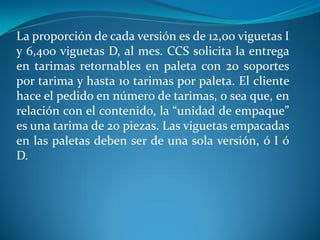 La proporción de cada versión es de 12,00 viguetas I
y 6,400 viguetas D, al mes. CCS solicita la entrega
en tarimas retornables en paleta con 20 soportes
por tarima y hasta 10 tarimas por paleta. El cliente
hace el pedido en número de tarimas, o sea que, en
relación con el contenido, la “unidad de empaque”
es una tarima de 20 piezas. Las viguetas empacadas
en las paletas deben ser de una sola versión, ó I ó
D.
 