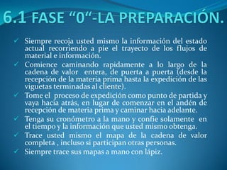  Siempre recoja usted mismo la información del estado
actual recorriendo a pie el trayecto de los flujos de
material e información.
 Comience caminando rapidamente a lo largo de la
cadena de valor entera, de puerta a puerta (desde la
recepción de la materia prima hasta la expedición de las
viguetas terminadas al cliente).
 Tome el proceso de expedición como punto de partida y
vaya hacia atrás, en lugar de comenzar en el andén de
recepción de materia prima y caminar hacia adelante.
 Tenga su cronómetro a la mano y confie solamente en
el tiempo y la información que usted mismo obtenga.
 Trace usted mismo el mapa de la cadena de valor
completa , incluso si participan otras personas.
 Siempre trace sus mapas a mano con lápiz.
 