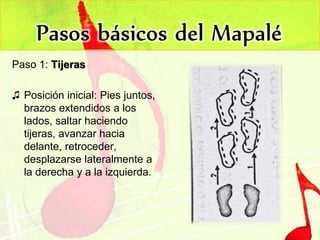 Paso 1: Tijeras
♫ Posición inicial: Pies juntos,
brazos extendidos a los
lados, saltar haciendo
tijeras, avanzar hacia
delante, retroceder,
desplazarse lateralmente a
la derecha y a la izquierda.
 