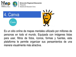 Es un sitio online de mapas mentales utilizado por millones de
personas en todo el mundo. Equipada con imágenes listas
para usar, filtros de fotos, íconos, formas y fuentes, esta
plataforma le permite organizar sus pensamientos de una
manera visualmente más atractiva.
4. Canva
 