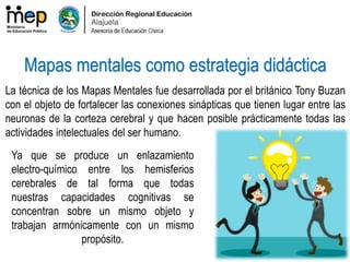 Ya que se produce un enlazamiento
electro-químico entre los hemisferios
cerebrales de tal forma que todas
nuestras capacidades cognitivas se
concentran sobre un mismo objeto y
trabajan armónicamente con un mismo
propósito.
La técnica de los Mapas Mentales fue desarrollada por el británico Tony Buzan
con el objeto de fortalecer las conexiones sinápticas que tienen lugar entre las
neuronas de la corteza cerebral y que hacen posible prácticamente todas las
actividades intelectuales del ser humano.
Mapas mentales como estrategia didáctica
 