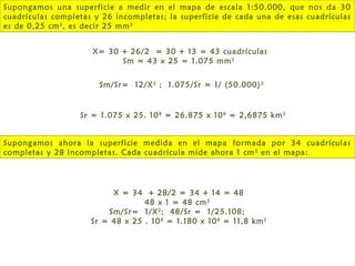 Supongamos una superficie a medir en el mapa de escala 1:50.000, que nos da 30
cuadrículas completas y 26 incompletas; la superficie de cada una de esas cuadrículas
es de 0,25 cm 2 , es decir 25 mm 2


                     X= 30 + 26/2 = 30 + 13 = 43 cuadrículas
                           Sm = 43 x 25 = 1.075 mm 2


                       Sm/Sr= 12/X 2 ; 1.075/Sr = 1/ (50.000) 2


                  Sr = 1.075 x 25. 10 8 = 26.875 x 10 8 = 2,6875 km 2


Supongamos ahora la superficie medida en el mapa formada por 34 cuadrículas
completas y 28 incompletas. Cada cuadrícula mide ahora 1 cm 2 en el mapa:




                          X = 34 + 28/2 = 34 + 14 = 48
                                  48 x 1 = 48 cm 2
                         Sm/Sr= 1/X 2 ; 48/Sr = 1/25.108;
                     Sr = 48 x 25 . 10 8 = 1.180 x 10 8 = 11,8 km 2
 