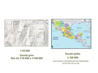 Una escala molt petita permet representar
tot el món en un full
1:25.000
Escala gran
Des de 1/10.000 a 1/100.000
Escala petita
≥ 100.000
 