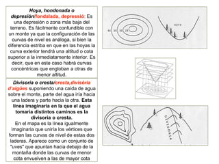 Hoya, hondonada o
depresión/fondalada, depressió: Es
una depresión o zona más baja del
terreno. Es fácilmente confundible con
un monte ya que la configuración de las
curvas de nivel es análoga, si bien la
diferencia estriba en que en las hoyas la
curva exterior tendrá una altitud o cota
superior a la inmediatamente interior. Es
decir, que en este caso habrá curvas
concéntricas que engloban a otras de
menor altitud.
Divisoria o cresta/cresta,divisòria
d’aigües suponiendo una caída de agua
sobre el monte, parte del agua iría hacia
una ladera y parte hacia la otra. Esta
línea imaginaria en la que el agua
tomaría distintos caminos es la
divisoria o cresta.
En el mapa es la línea igualmente
imaginaria que uniría los vértices que
forman las curvas de nivel de estas dos
laderas. Aparece como un conjunto de
"uves" que apuntan hacia debajo de la
montaña donde las curvas de menor
cota envuelven a las de mayor cota
 